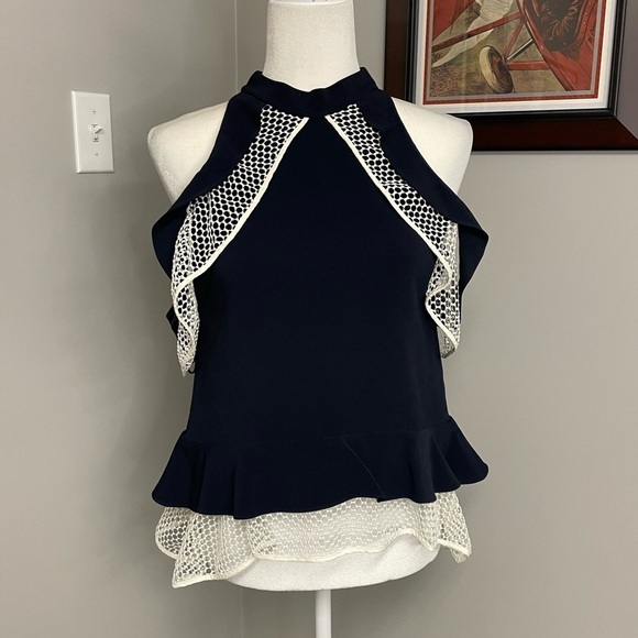 Jonathan Simkhai ruffles navy blue white top size small cold shoulder feminine - Picture 1 of 6